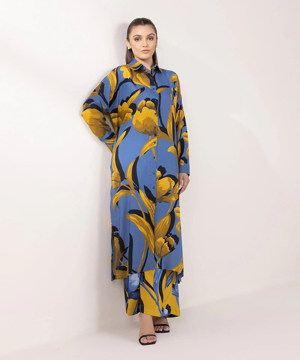 AZURE BLUE AND GOLDEN FLORAL LONG TOP AND PANT SET