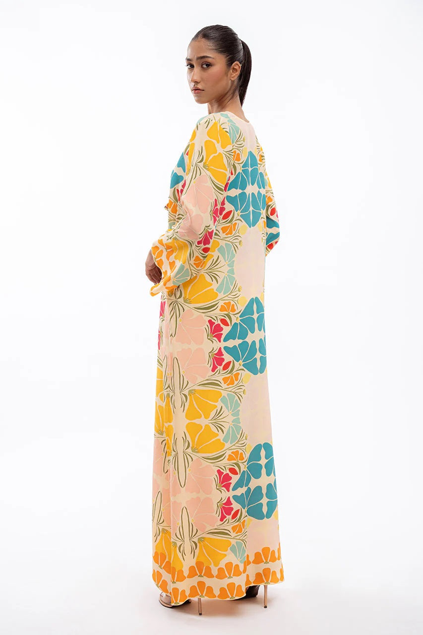 VIBRANT LONG-SLEEVE MAX DRESS WITH COLORFUL GEOMETRIC FLORAL PRINT WITH PANT