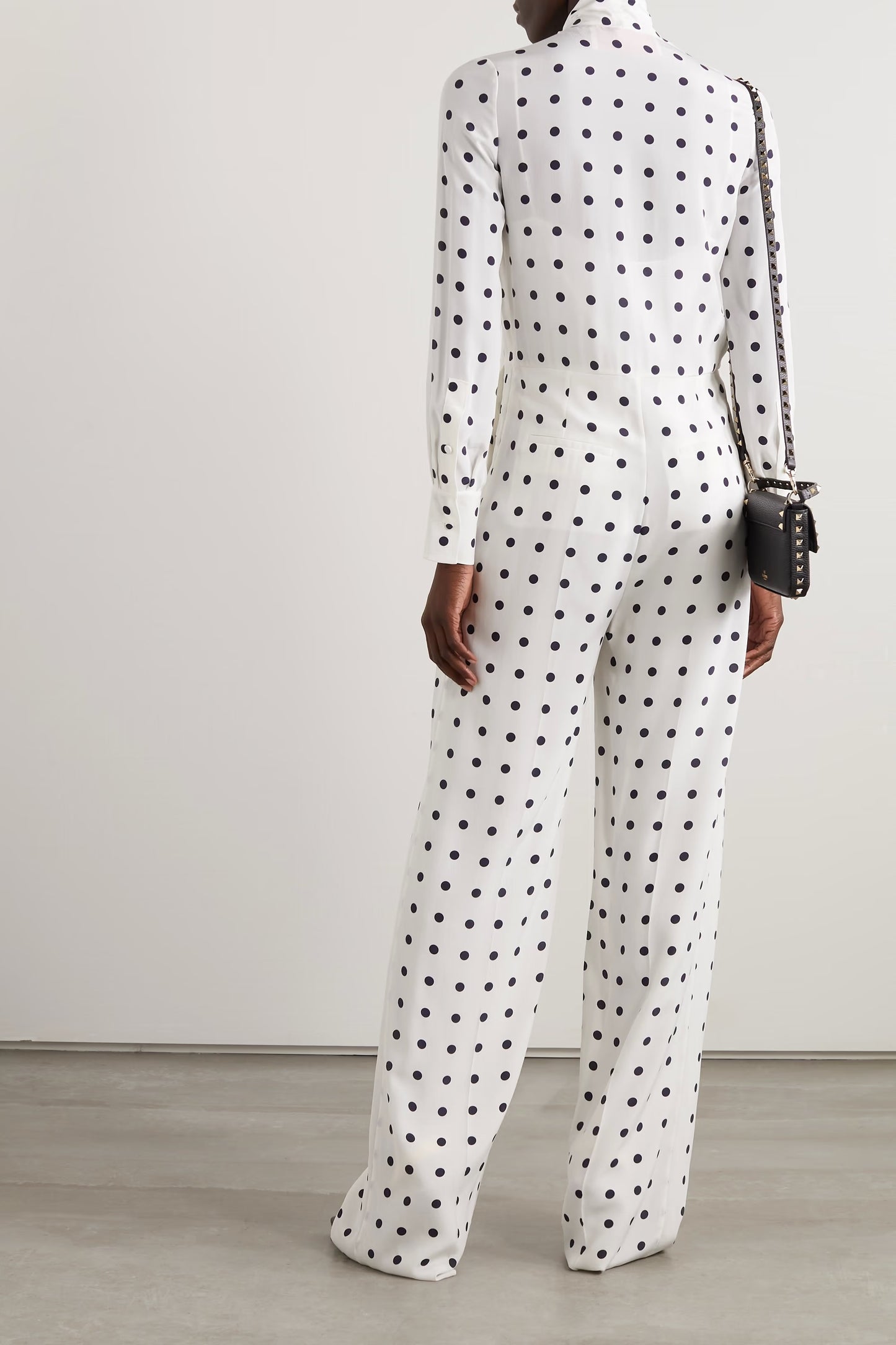 PREMIUM POLKA DOT STYLE JUMP SUIT WITH NECK BELT COLLAR