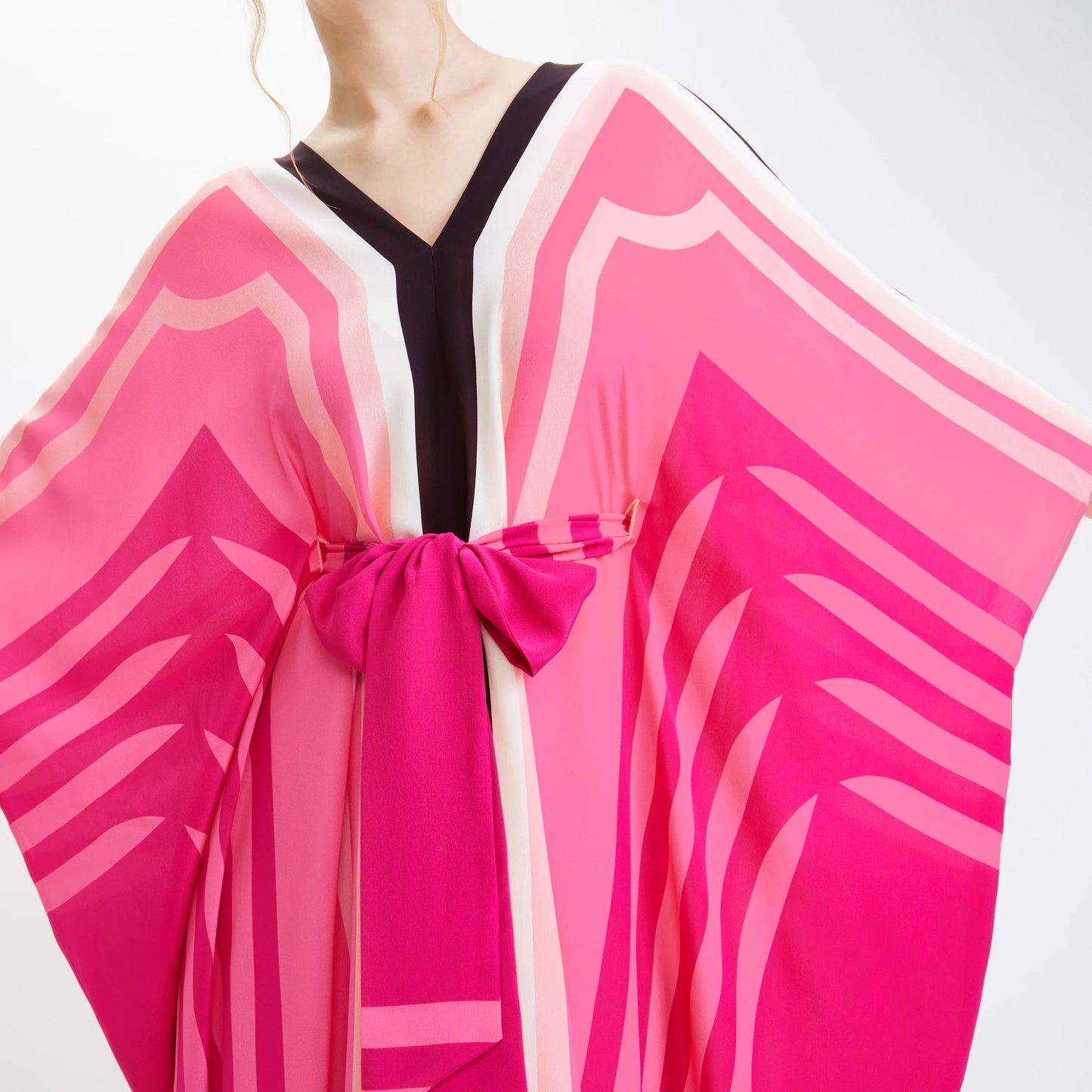 V-CUT STYLE SOFT SILK CREPE MAGENTA LINE PATTERN LONG KAFTAN