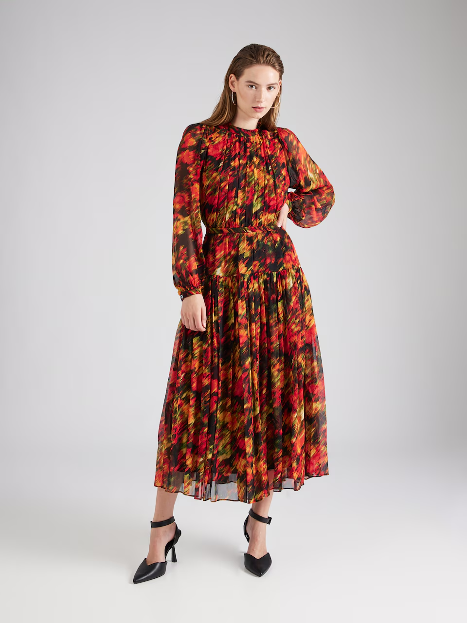 VIBRANT AUTUMN HUES ABSTRACT DRESS - PLEATED DESIGN WITH BELT