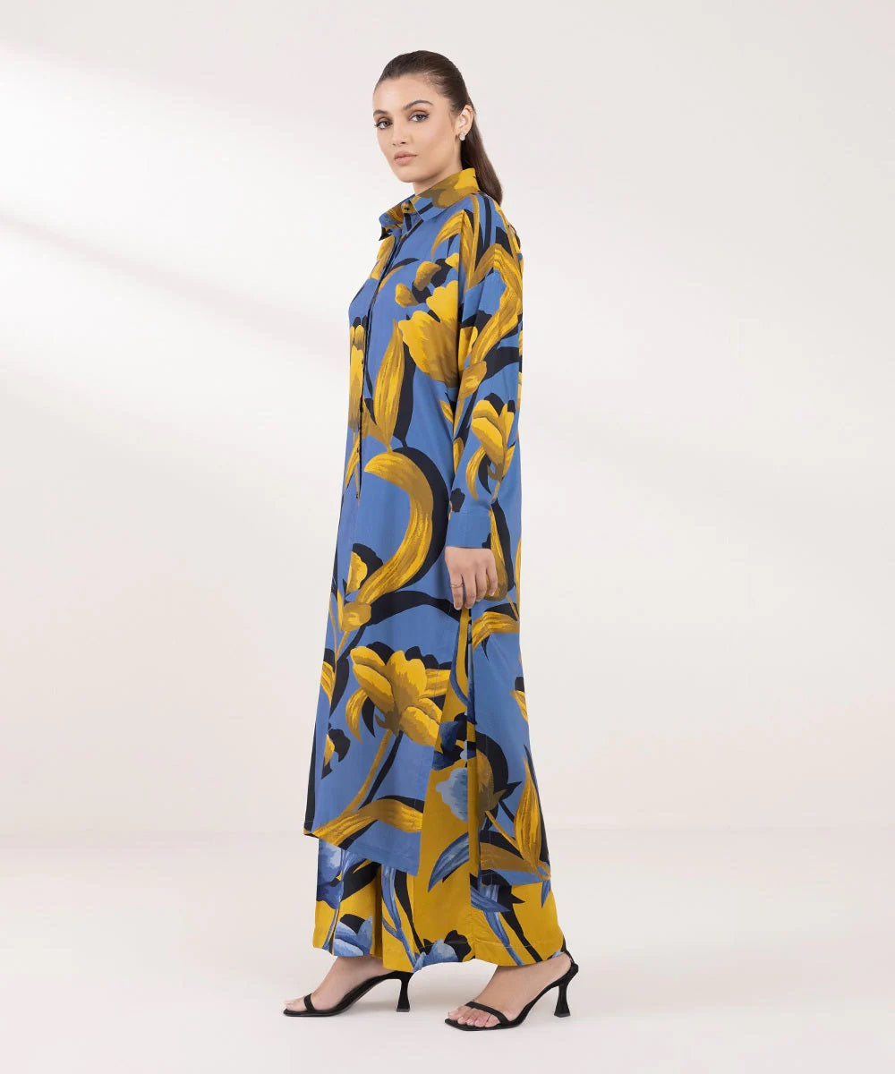 AZURE BLUE AND GOLDEN FLORAL LONG TOP AND PANT SET