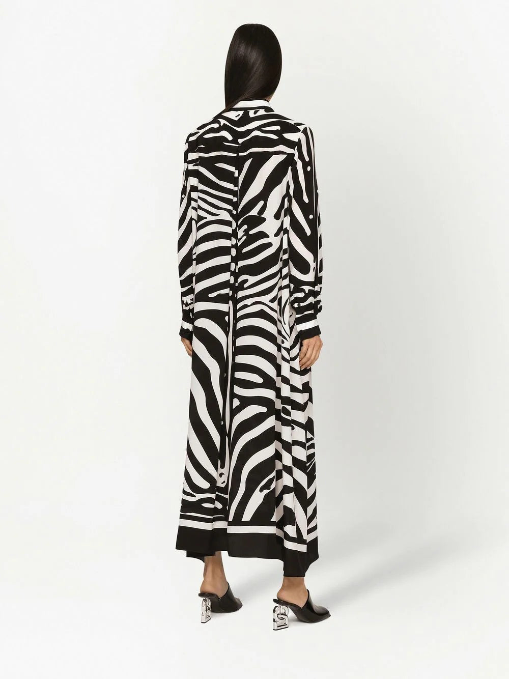 BLACK-WHITE GAZE STRIPED FULL SLEEVES LONG DRESS