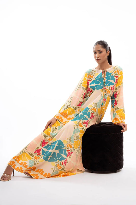 VIBRANT LONG-SLEEVE MAX DRESS WITH COLORFUL GEOMETRIC FLORAL PRINT