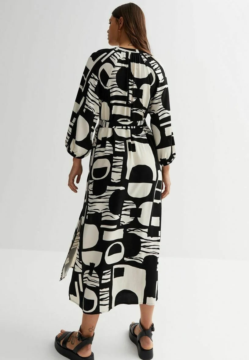 MODERN ABSTRACT PRINTED SHIRT DRESS WITH BELT STYLE