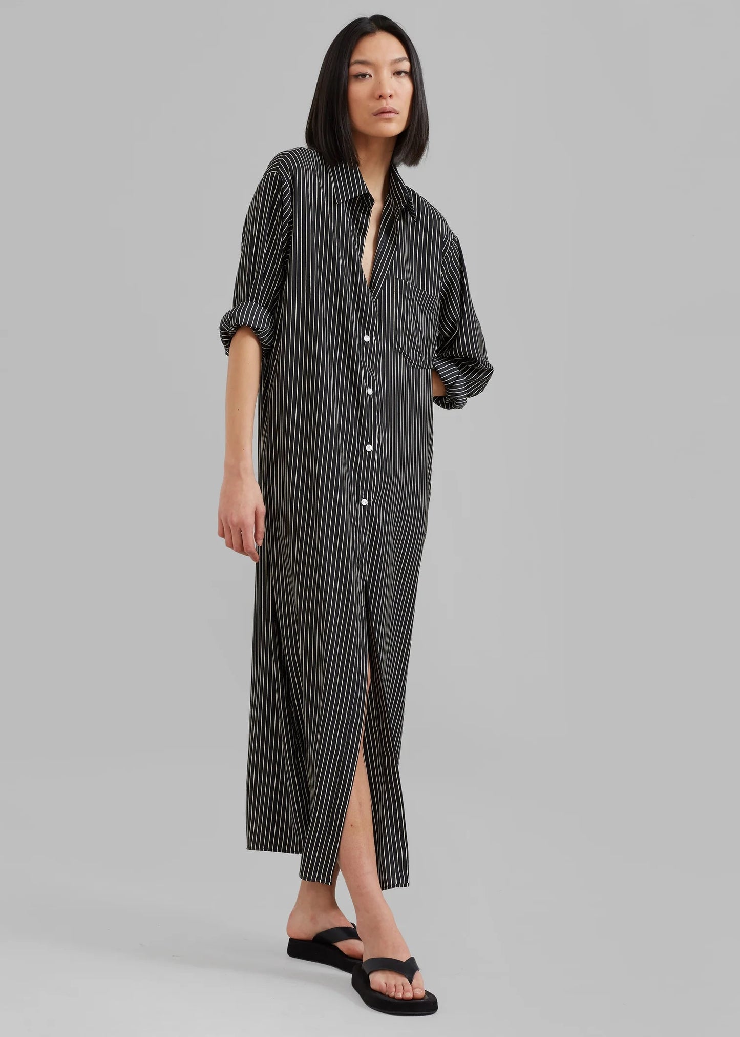 OPEN BUTTON COLLAR SHIRT STYLE LONG DRESS