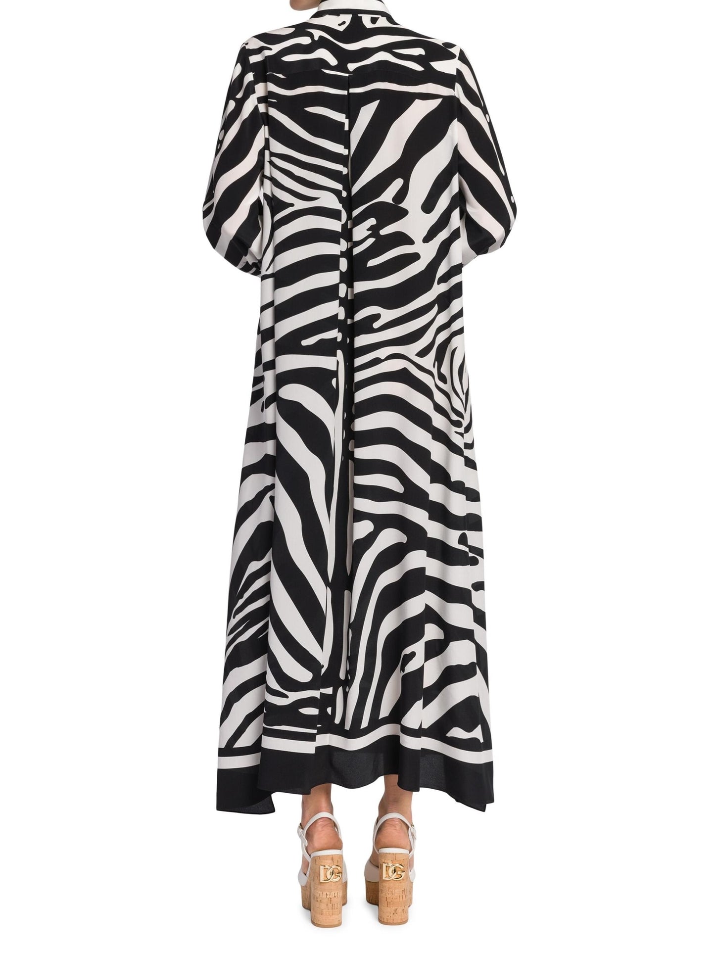 BLACK-WHITE GAZE STRIPED FULL SLEEVES LONG DRESS