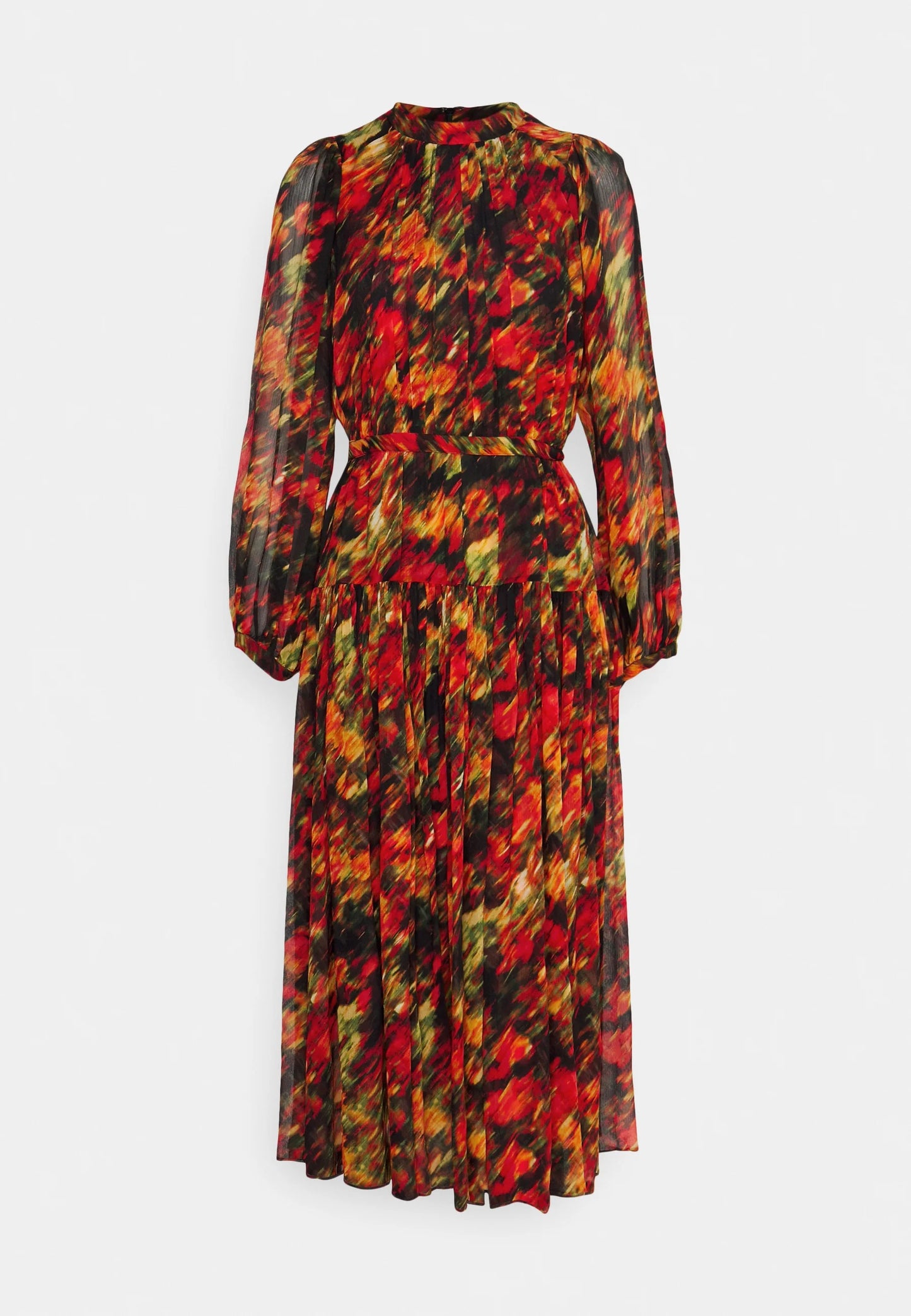 VIBRANT AUTUMN HUES ABSTRACT DRESS - PLEATED DESIGN WITH BELT