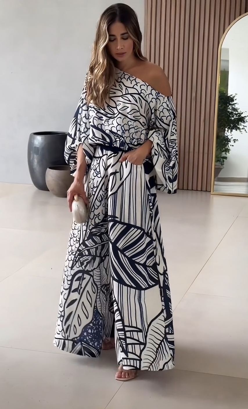 MODERN ABSTRACT FASHION STYLE BIG BOAT NECK DRESS