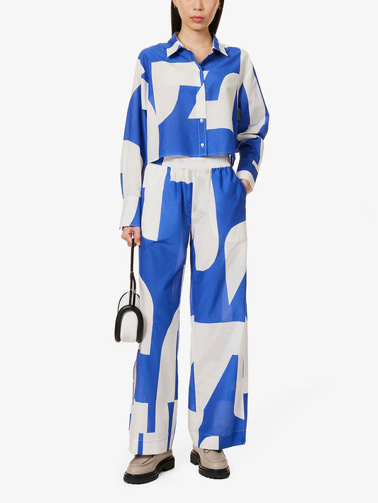 BLUE WHITE ABSTRACT COLLAR STYLE CO-ORD SET