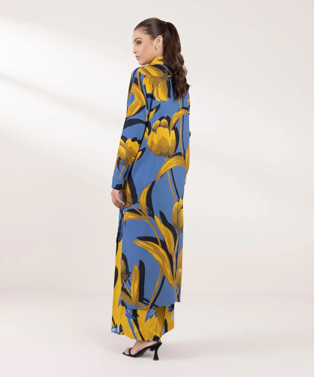 AZURE BLUE AND GOLDEN FLORAL LONG TOP AND PANT SET