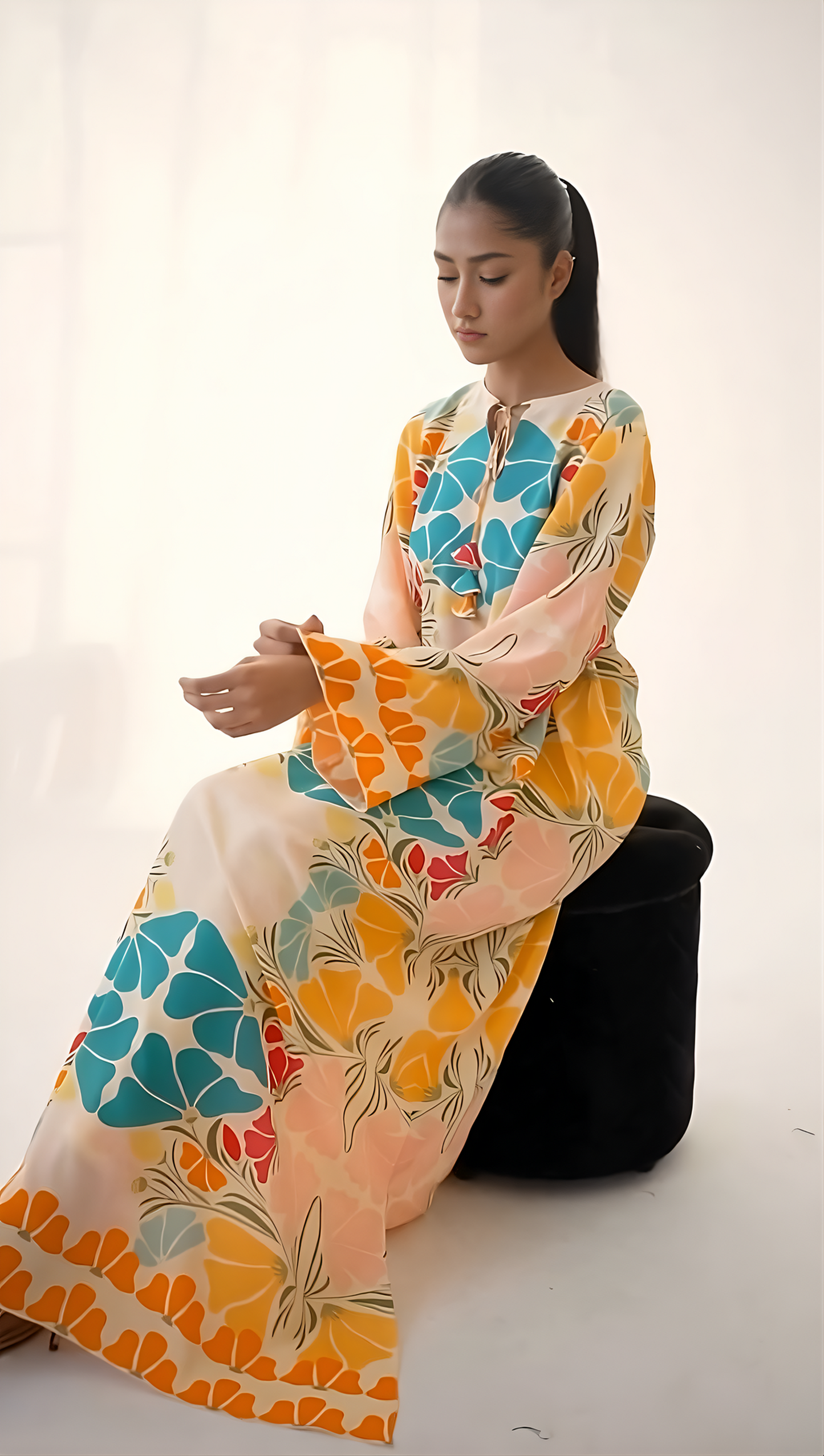 VIBRANT LONG-SLEEVE MAX DRESS WITH COLORFUL GEOMETRIC FLORAL PRINT WITH PANT