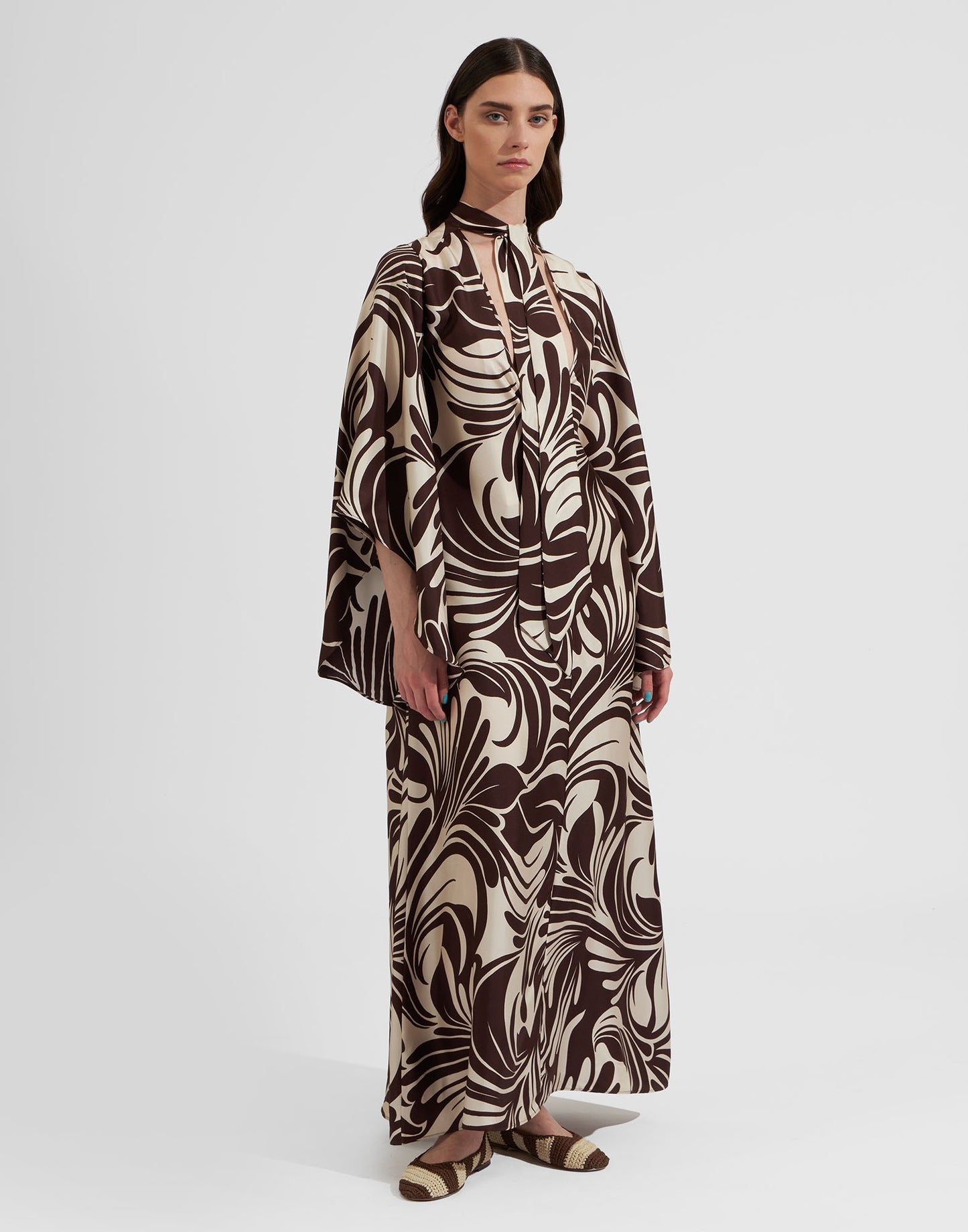 DRAPED WATERFALL SLEEVES WITH STANDUP COLLAR STYLE DRESS