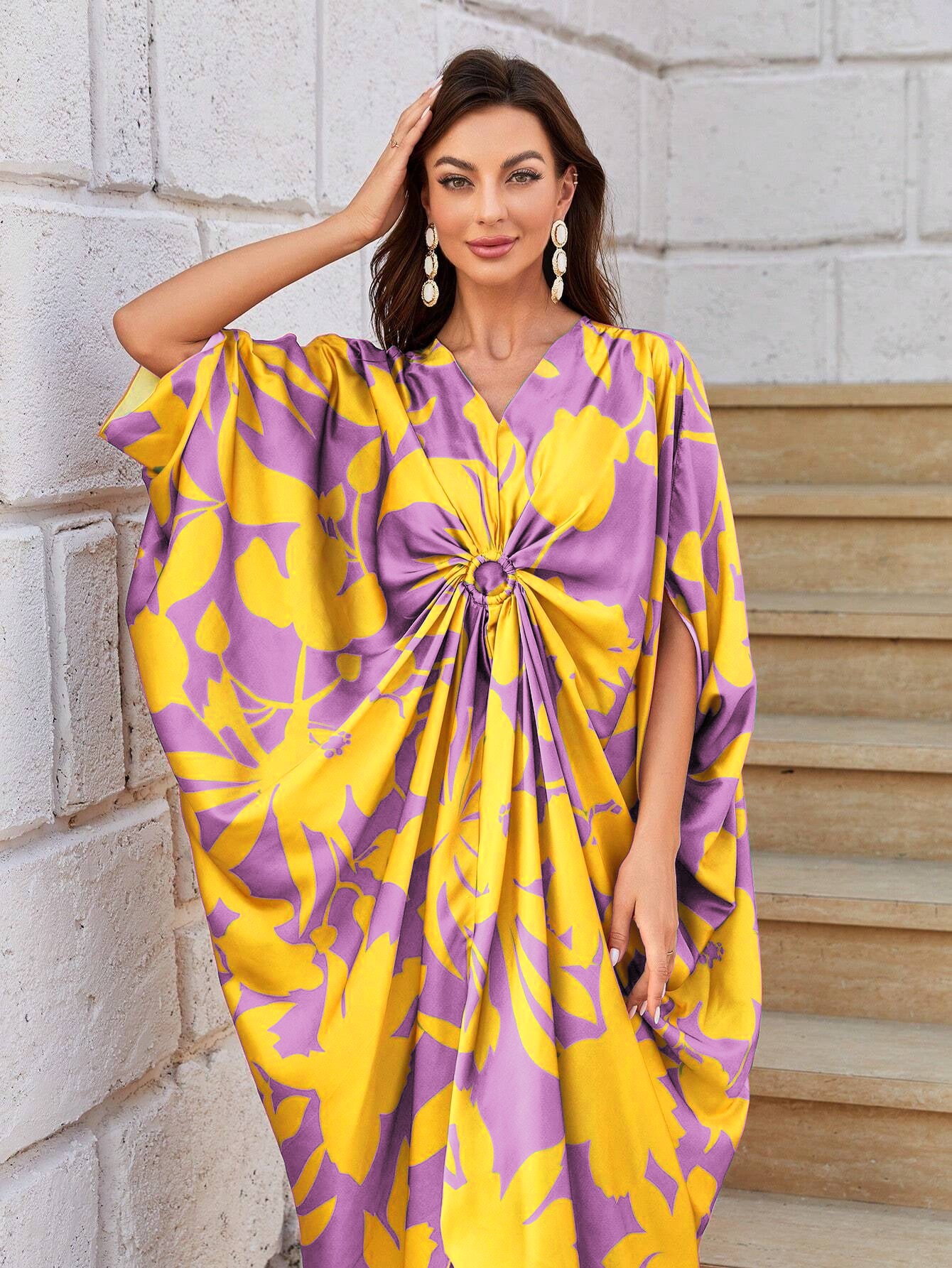 FLORAL PRINT CENTRE RING STYLE KAFTAN