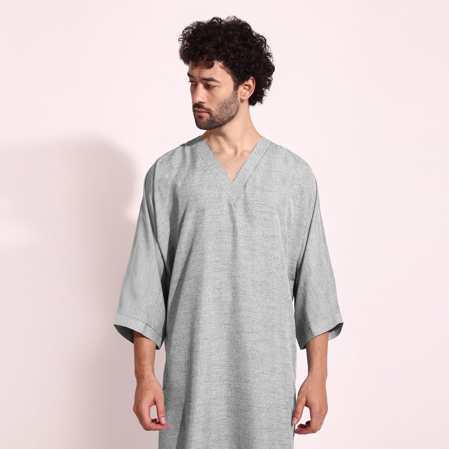 HIGH QUALITY COTTON FABRIC GREY COLOUR V-NECK STYLE EMIRATES ARAB THOBE JUBBA