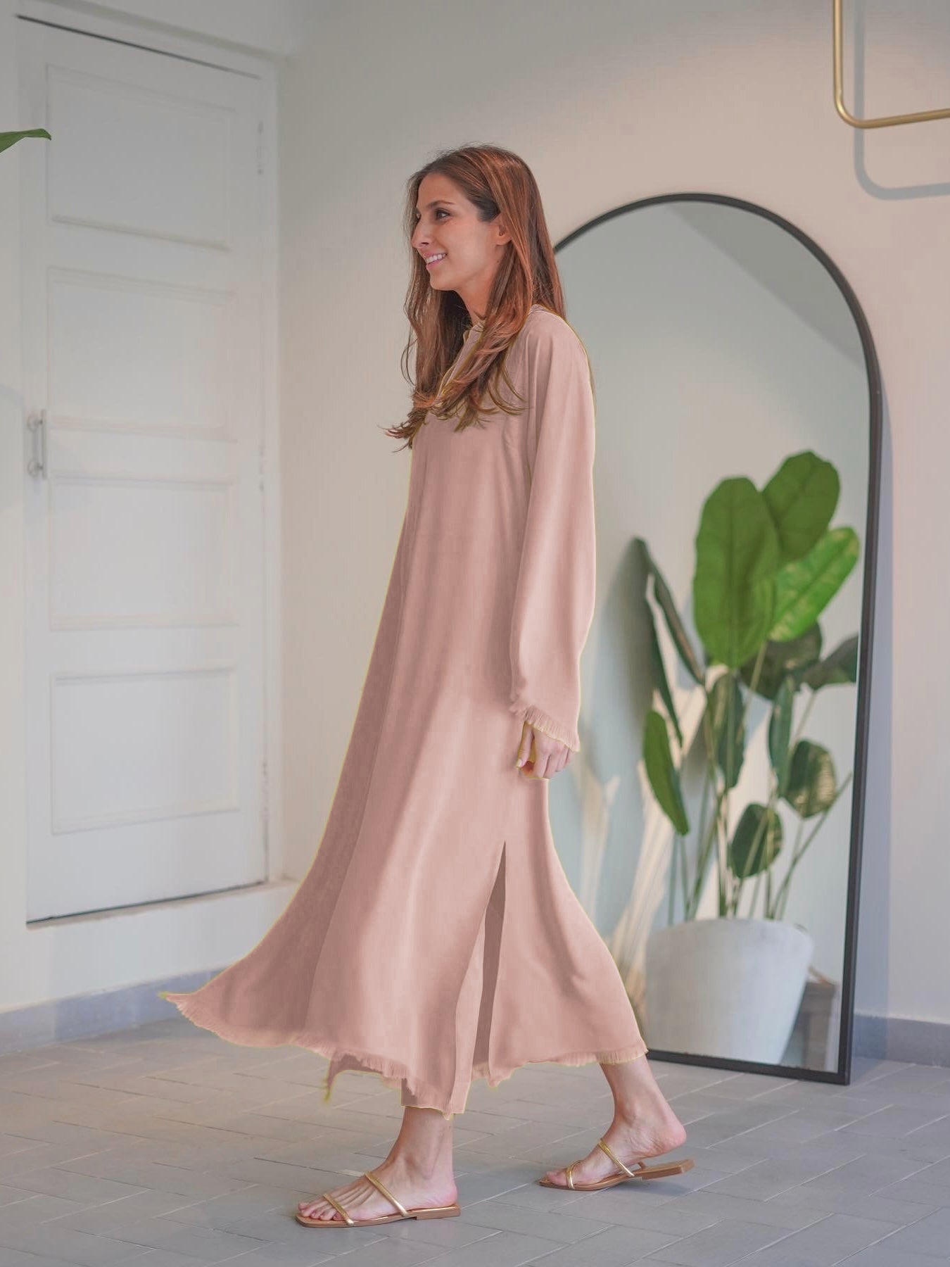 FRAYED BLUSH PREMIUM LONG TOP AND PANT SET