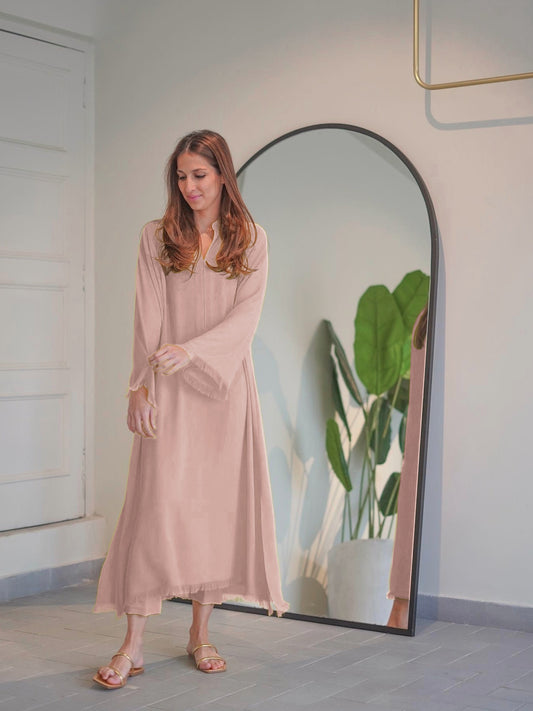 FRAYED BLUSH PREMIUM LONG TOP AND PANT SET