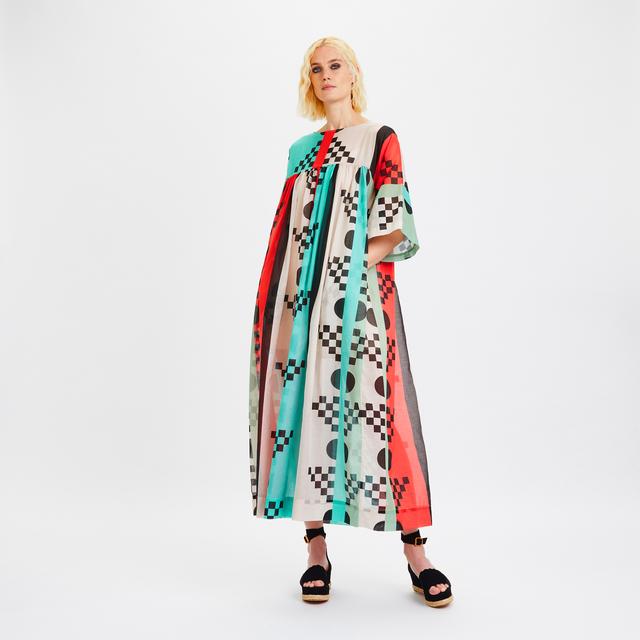 GEOMETRIC MULTI COLOUR PRINTED LONG MAXI DRESS