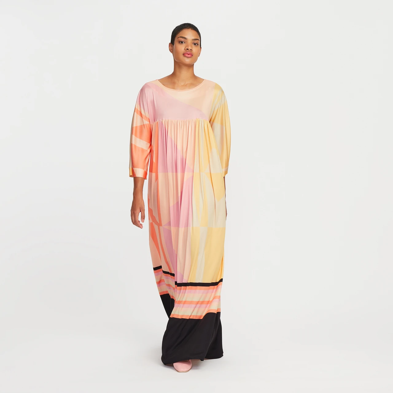 PEACH PINK COLOUR DIGITAL PRINTED EVENING LOUNGE WEAR MAXI TOP DRESS