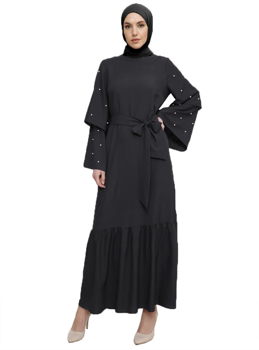 Women Imported Dark Grey Nida Burkha With Layer Modest Wear Sleeves And Belt