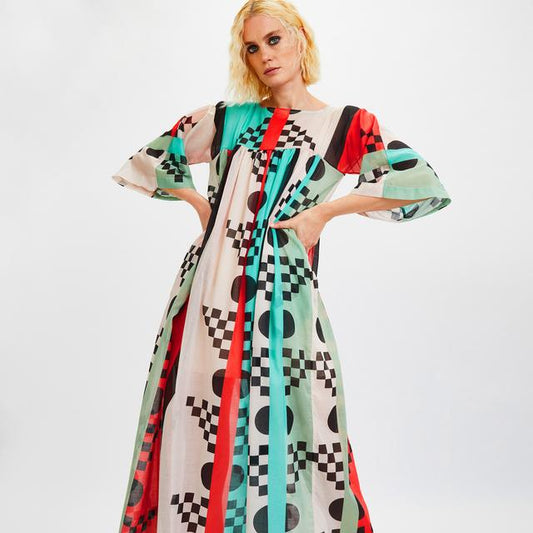 GEOMETRIC MULTI COLOUR PRINTED LONG MAXI DRESS