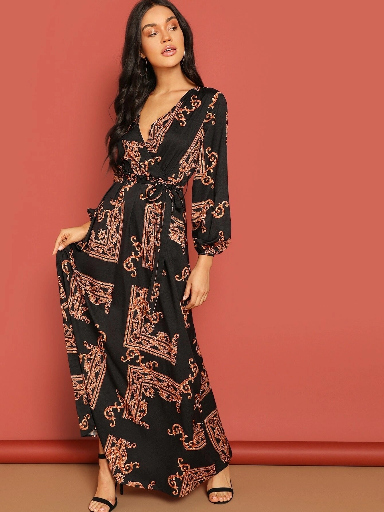 WOMEN PREMIUM PRINTED BSY LINEN ELASTIC WAIST WITH BELT LONG DRESS KAFTAN