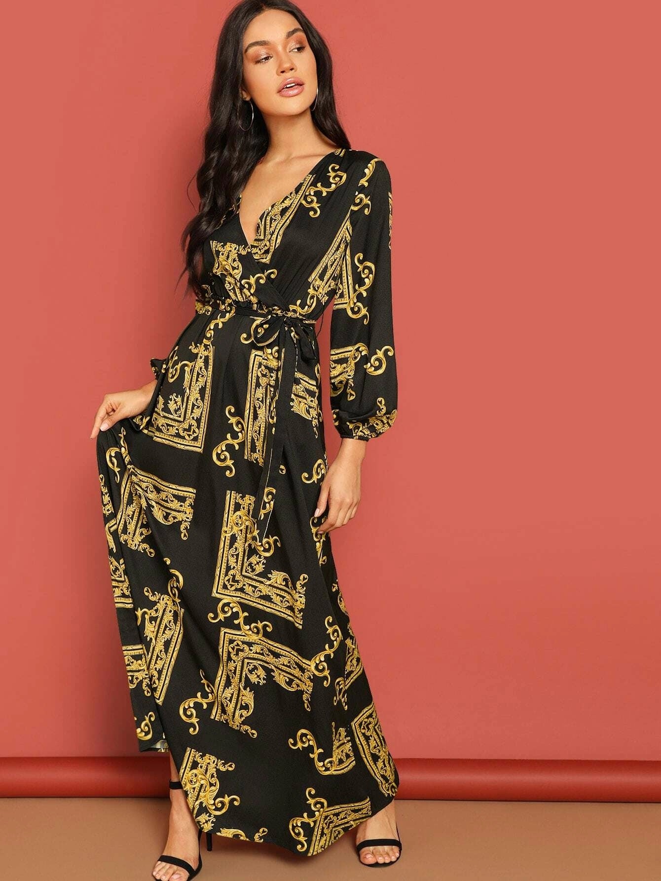 WOMEN PREMIUM PRINTED BSY LINEN ELASTIC WAIST WITH BELT LONG DRESS KAFTAN