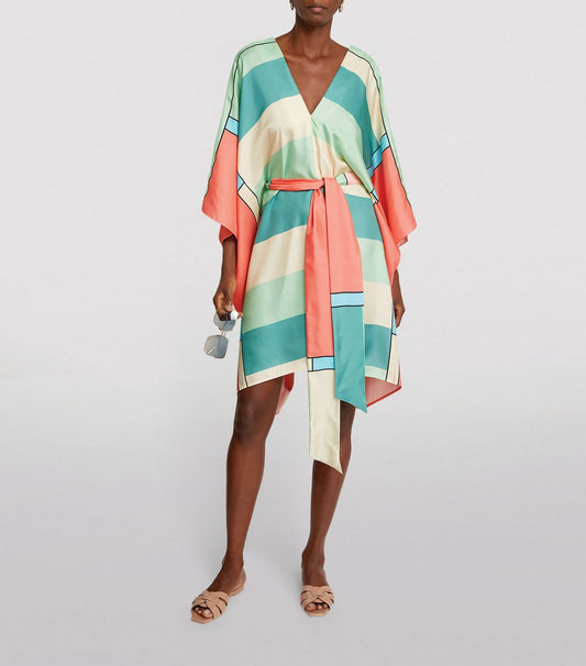 V-NECK STYLE MODERN SILK PRINTED BELT STYLE SHORT WEAR KAFTAN