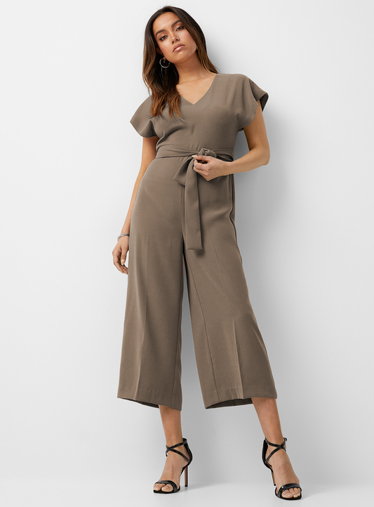 SOFT OLIVE BROWN SHADE NIDA FABRIC BELT STYLE JUMPSUIT