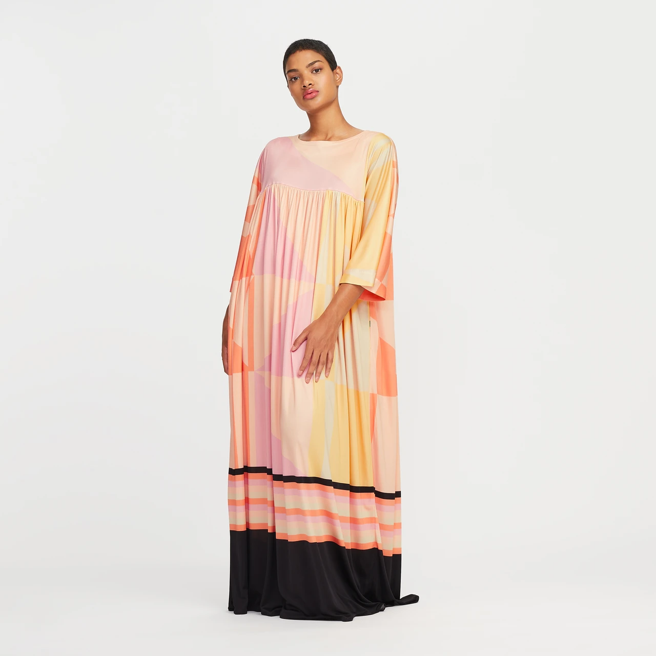 PEACH PINK COLOUR DIGITAL PRINTED EVENING LOUNGE WEAR MAXI TOP DRESS