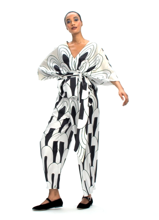 V- NECK BLACK AND WHITE BELT STYLE PLAZO PREMIUM KAFTAN