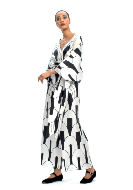 V- NECK BLACK AND WHITE BELT STYLE PLAZO PREMIUM KAFTAN