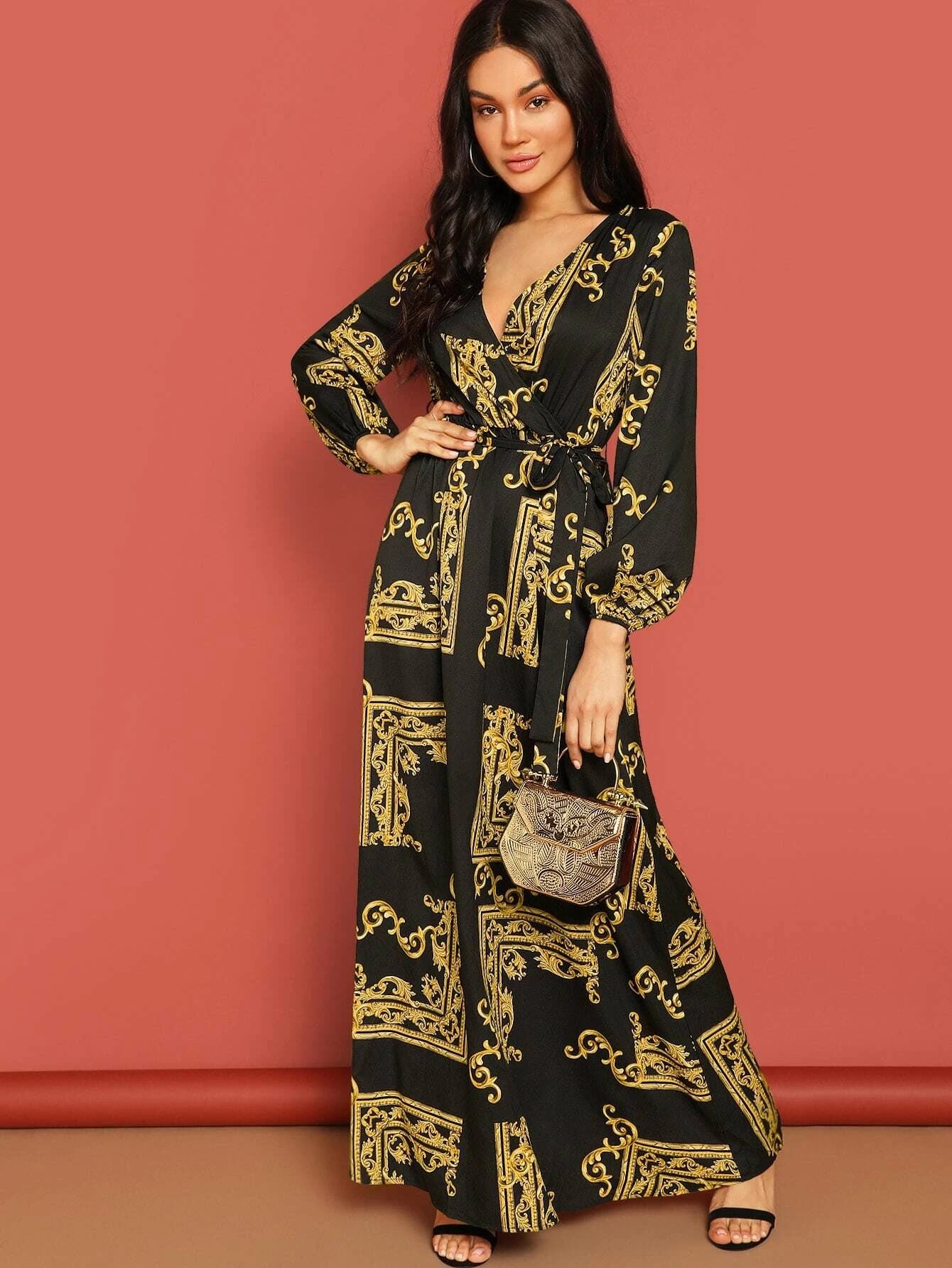 WOMEN PREMIUM PRINTED BSY LINEN ELASTIC WAIST WITH BELT LONG DRESS KAFTAN