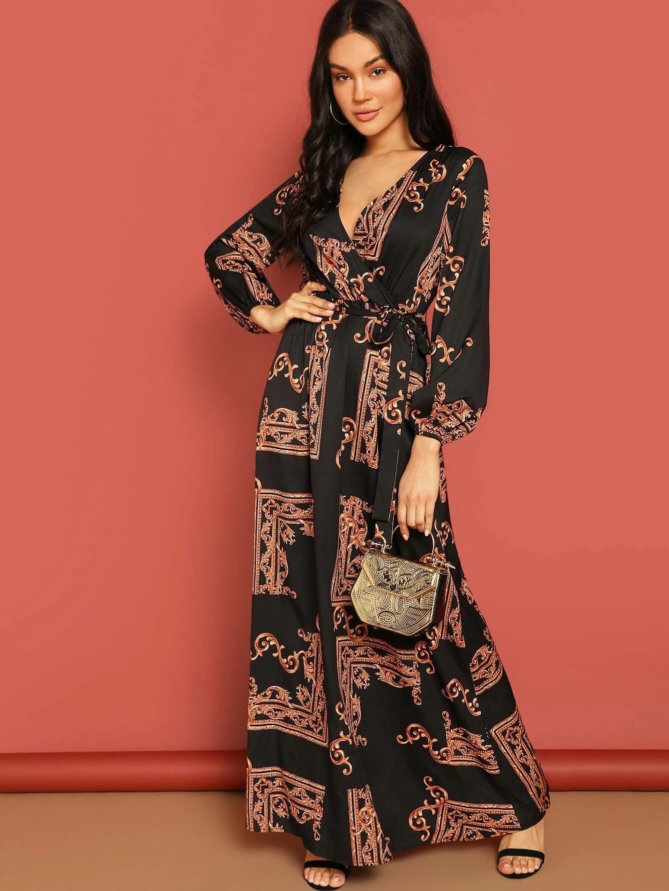 WOMEN PREMIUM PRINTED BSY LINEN ELASTIC WAIST WITH BELT LONG DRESS KAFTAN