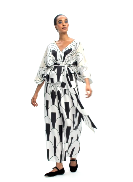 V- NECK BLACK AND WHITE BELT STYLE PLAZO PREMIUM KAFTAN