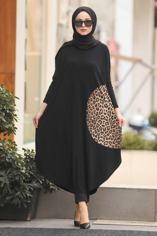 BLACK WITH PRINTED TUNIC DRESS