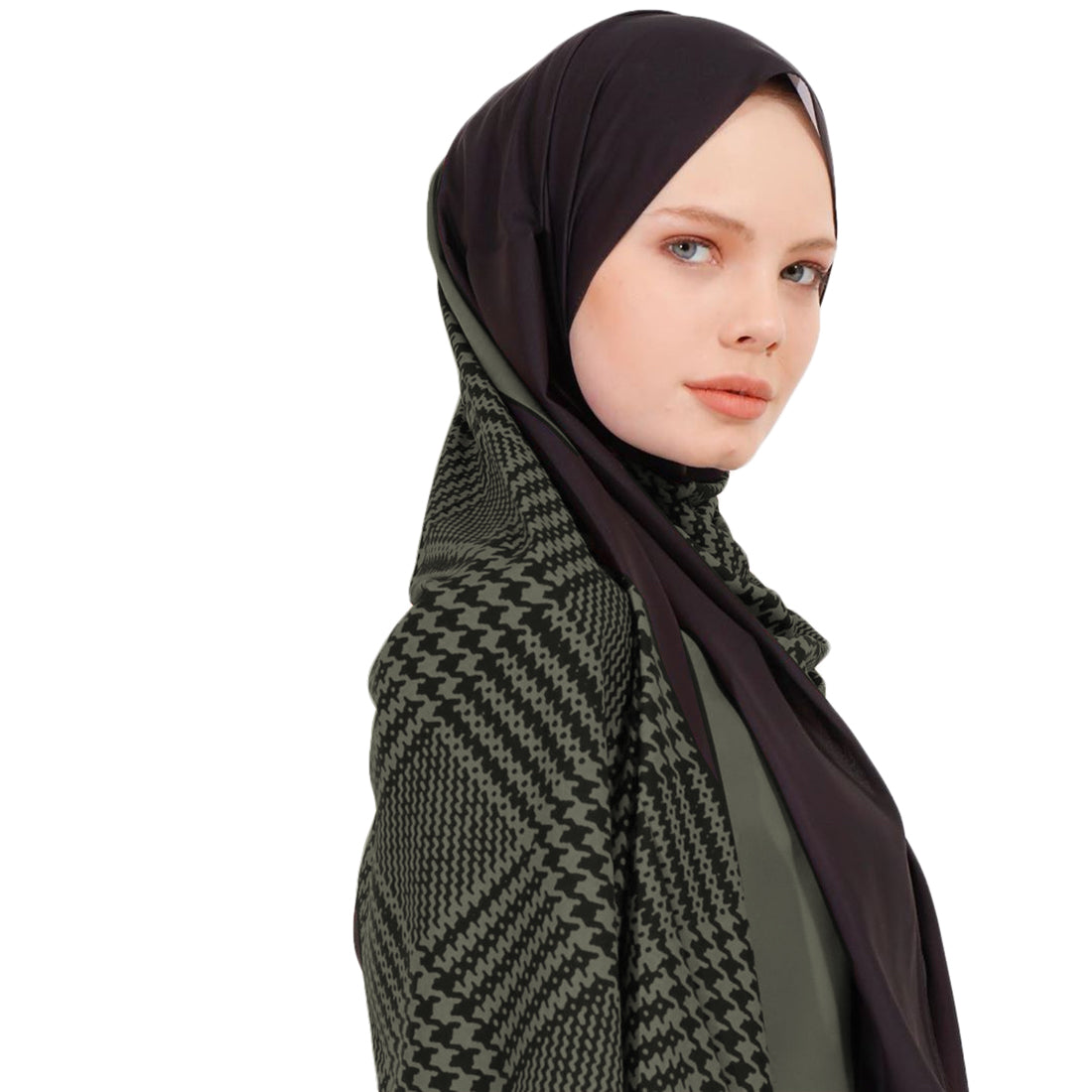Olive Color Turkish Printed Hijab For Women