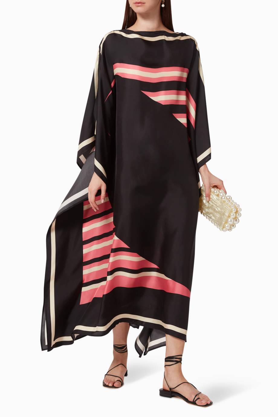 Women Digital Casual Wear Printed Striped Pattern Crepe Kaftan