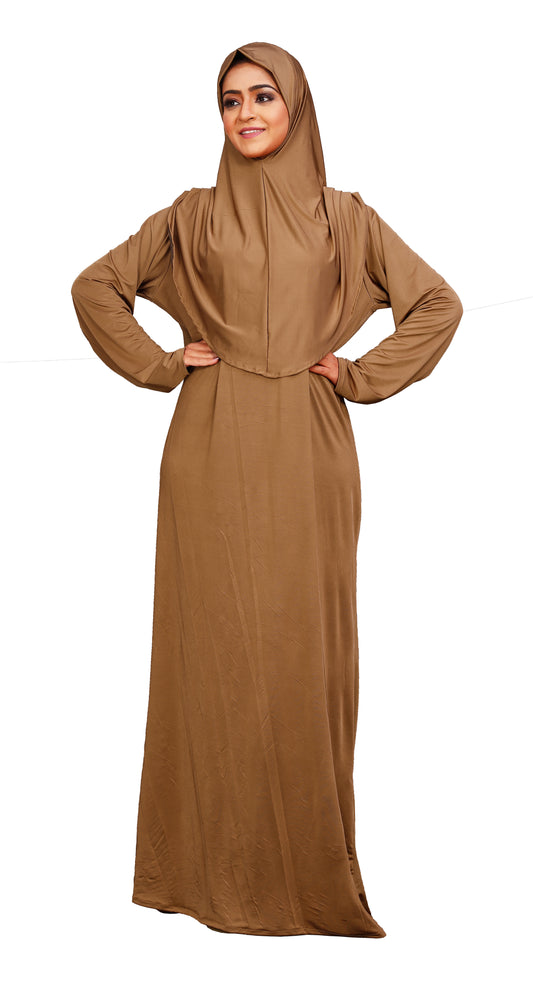 Women Choco Color Lycra Abaya Burqa With Attached Cap Style Hijab