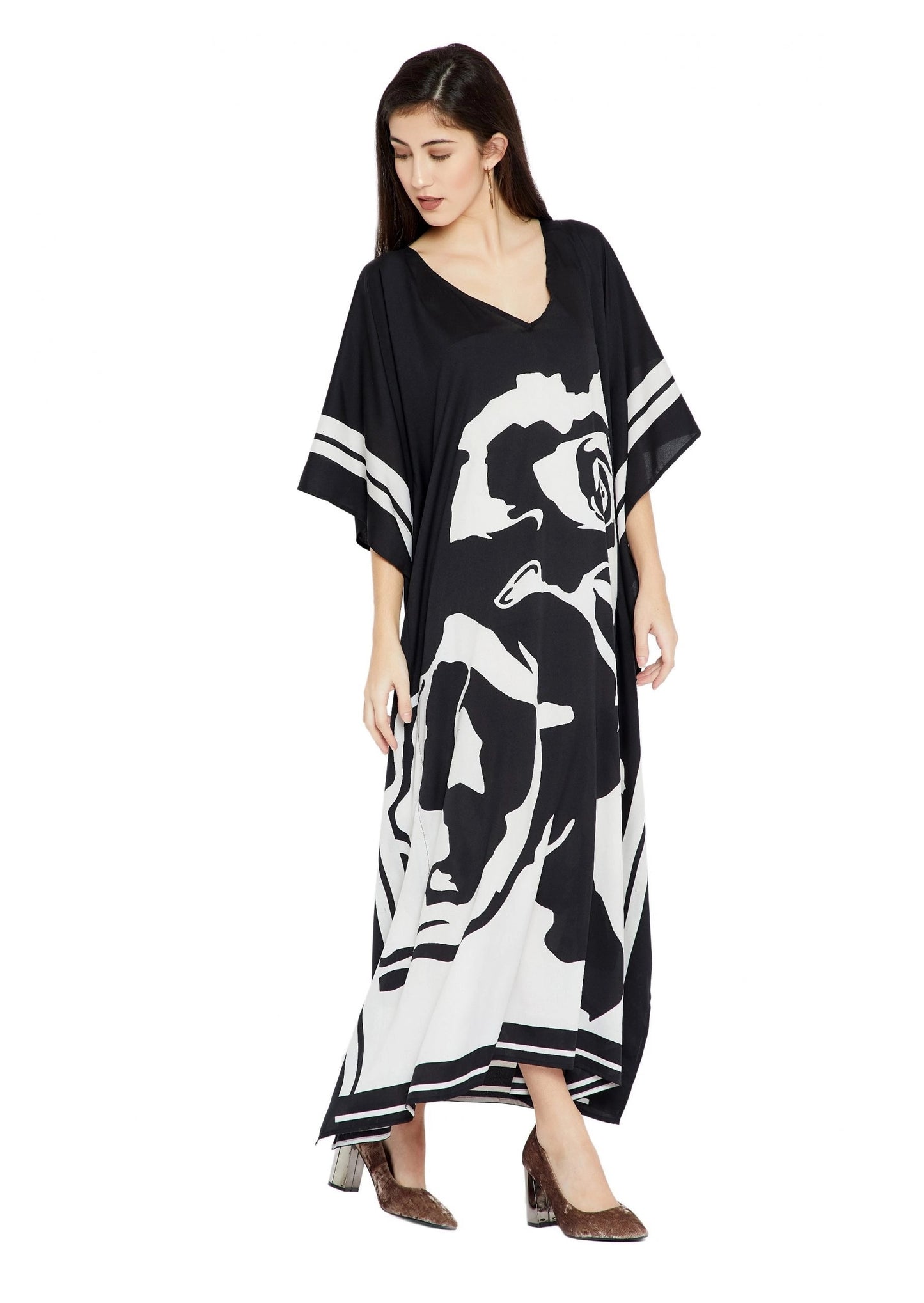 Lounge Wear Printed Rose Pattern Women Silk Crepe Kaftan