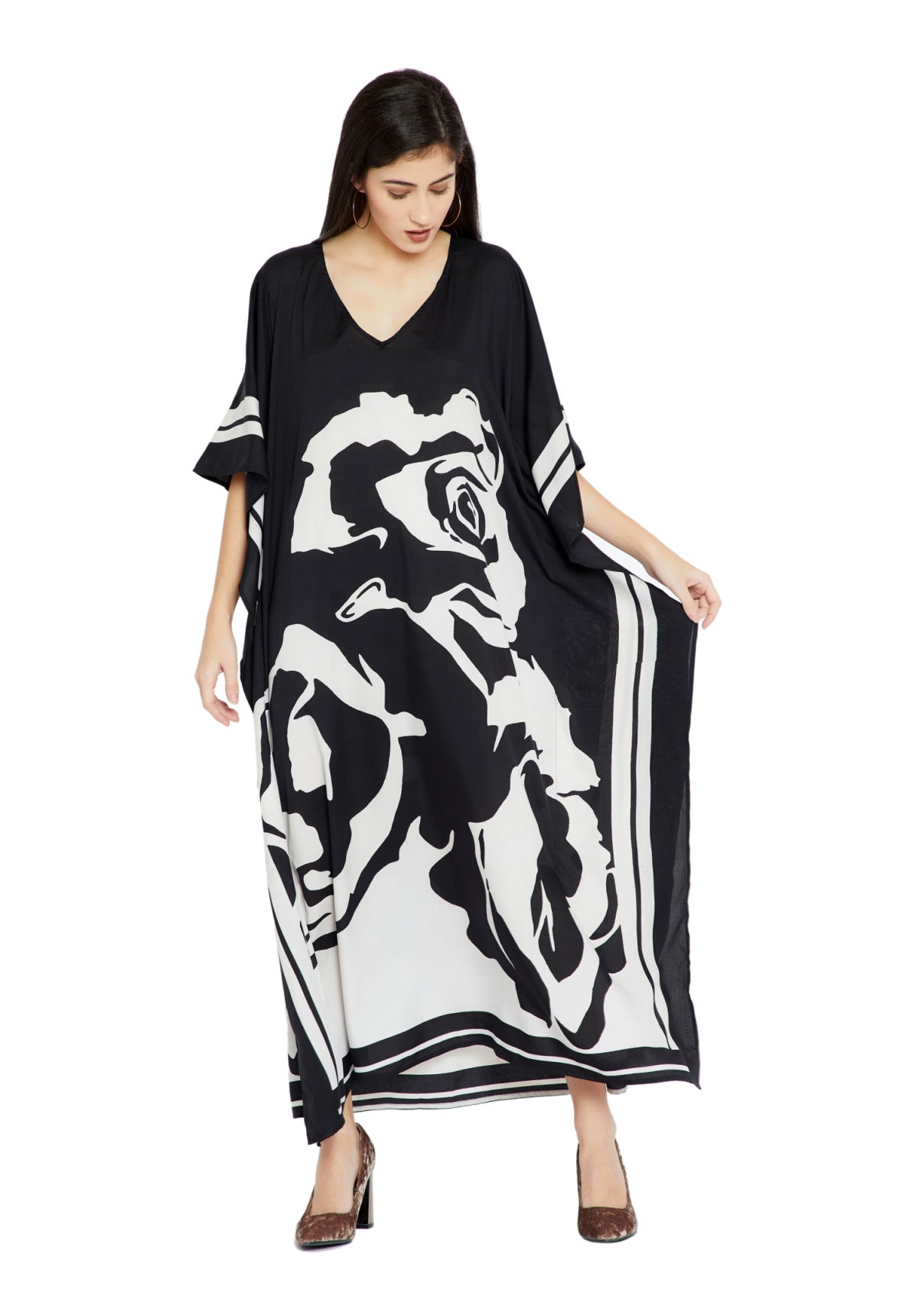 Lounge Wear Printed Rose Pattern Women Silk Crepe Kaftan