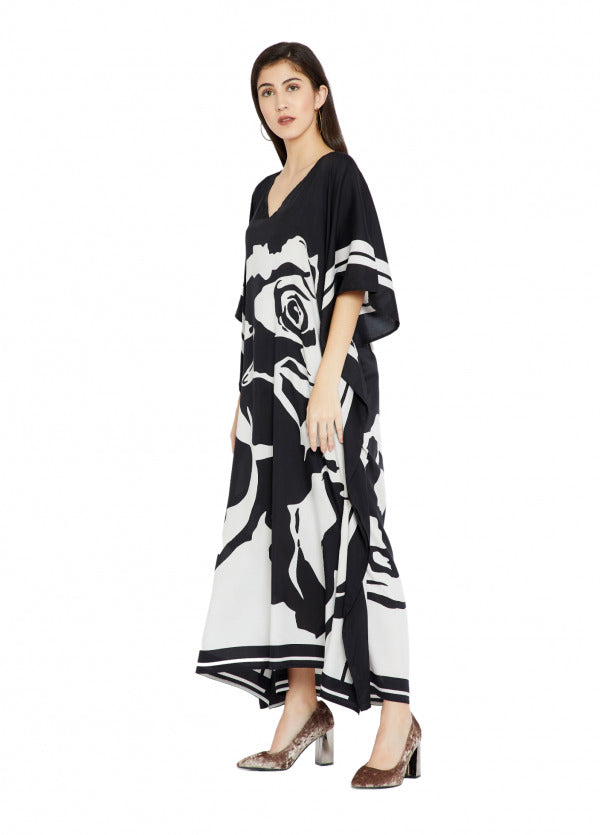 Lounge Wear Printed Rose Pattern Women Silk Crepe Kaftan