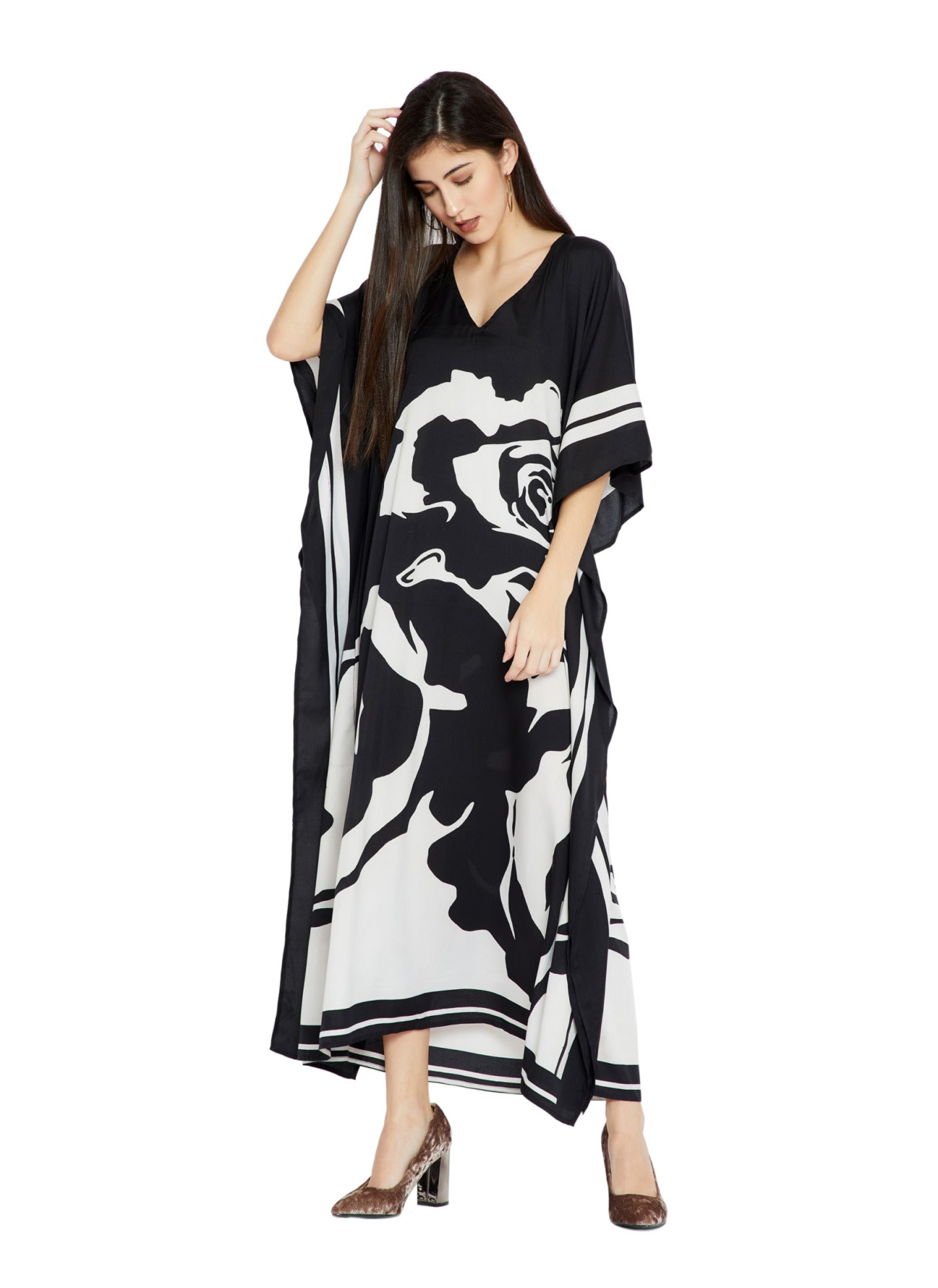 Lounge Wear Printed Rose Pattern Women Silk Crepe Kaftan