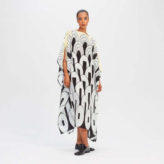 Geometric Boat Neck Style Silk Crepe Printed Kaftan