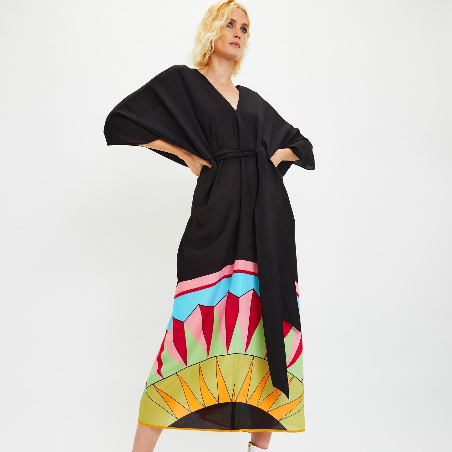 V-Neck Belt Style Black Chelsea Georgette Kaftan