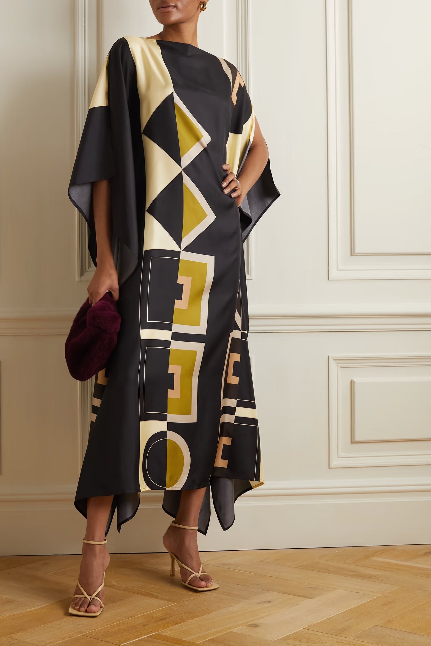 SOFT SATIN SILK CALF LENGTH GEOMETRIC PRINTED LUXURY KAFTAN